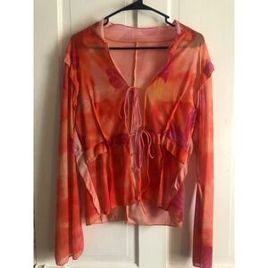 Orange Pink coquette abstract Floral Mesh Tie Front Ruffle Top Large Y2K large